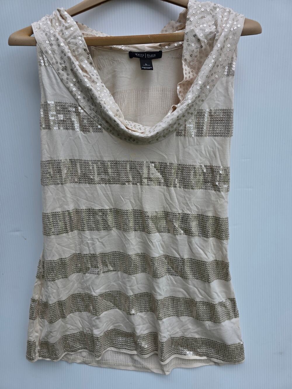 White House Black Market Cream Sequin Striped Cowl Neck Tank Top Size L Glam